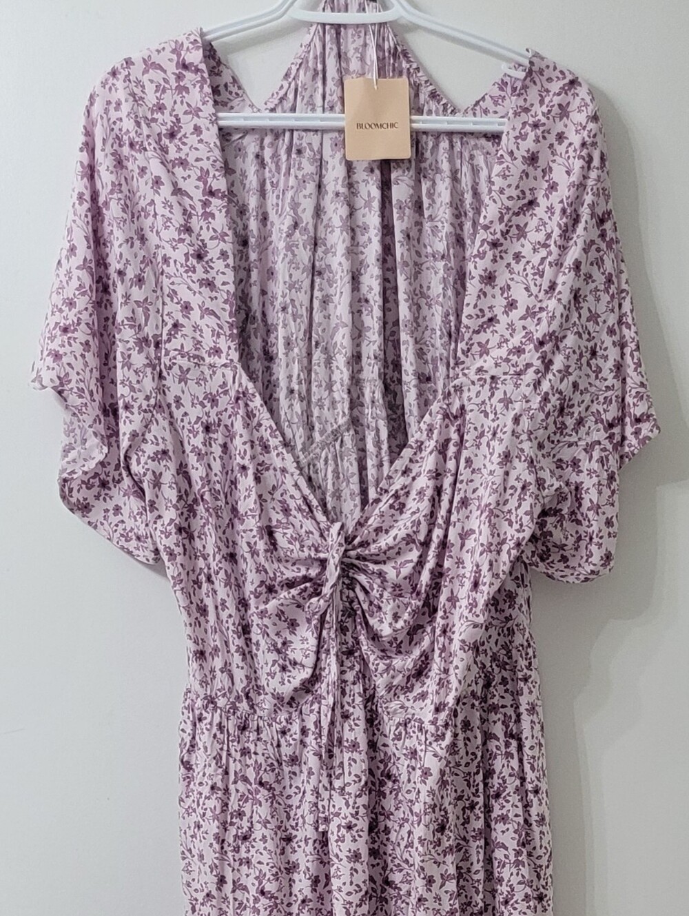 Bloom Chic. Floral Sweetheart Drawstring Pocket Tiered Dress, Lavender